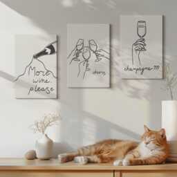 Canvas Art Set Of 3 - Joyful Moments With Wine & Champagne Line-Art, Creamy Wall Large, Food Drinks Decor - thumbnail 1