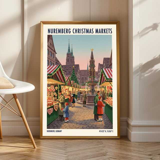 Nuremberg Christmas Markets Print - Snowman Poster Winter Wall Art Vintage Festive Holiday - image 1