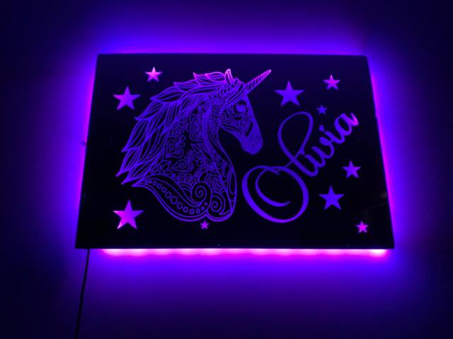 Unicorn Light Up Mirror Personalised Engraved Acrylic Wall Led Sign. Bedroom, Nursery, Playroom, Name, Boys, Girls Gift, Green, Purple - image 1