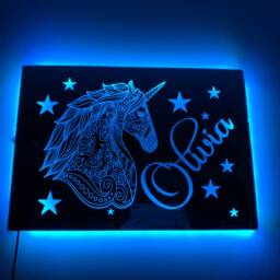 Unicorn Light Up Mirror Personalised Engraved Acrylic Wall Led Sign. Bedroom, Nursery, Playroom, Name, Boys, Girls Gift, Green, Purple - thumbnail 2