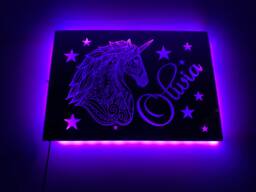 Unicorn Light Up Mirror Personalised Engraved Acrylic Wall Led Sign. Bedroom, Nursery, Playroom, Name, Boys, Girls Gift, Green, Purple