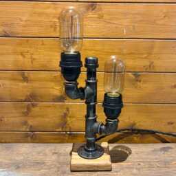 Industrial Table Lamp, Steampunk, Retro, Dual Edison Bulbs Included, Antique Oak Base - thumbnail 3