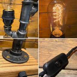 Industrial Table Lamp, Steampunk, Retro, Dual Edison Bulbs Included, Antique Oak Base - thumbnail 4
