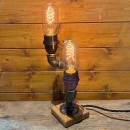 Industrial Table Lamp, Steampunk, Retro, Dual Edison Bulbs Included, Antique Oak Base - thumbnail 2