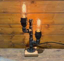 Industrial Table Lamp, Steampunk, Retro, Dual Edison Bulbs Included, Antique Oak Base