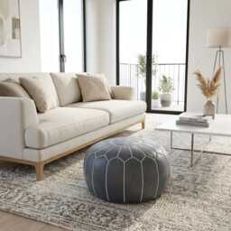 Gray Moroccan Pouf Ottoman - Handcrafted Leather Footstool With White Embroidery Boho Living Room Decor - thumbnail 4