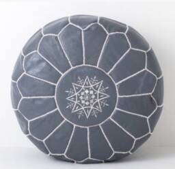Gray Moroccan Pouf Ottoman - Handcrafted Leather Footstool With White Embroidery Boho Living Room Decor