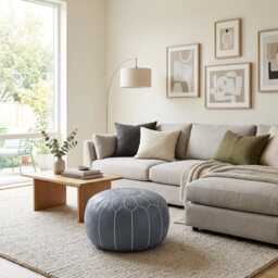 Gray Moroccan Pouf Ottoman - Handcrafted Leather Footstool With White Embroidery Boho Living Room Decor - thumbnail 3