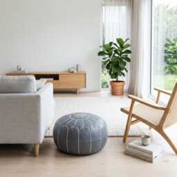 Gray Moroccan Pouf Ottoman - Handcrafted Leather Footstool With White Embroidery Boho Living Room Decor - thumbnail 2
