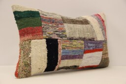 Vintage Turkish Kilim Pillow Cover, Patchwork Lumbar Cushion - 12x20 In