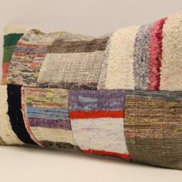 Vintage Turkish Kilim Pillow Cover, Patchwork Lumbar Cushion - 12x20 In - thumbnail 3