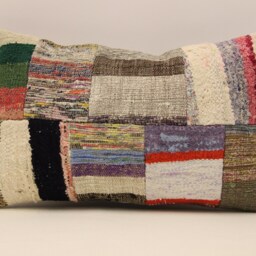 Vintage Turkish Kilim Pillow Cover, Patchwork Lumbar Cushion - 12x20 In - thumbnail 2