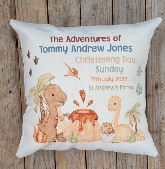 Personalised Dinosaur Cushion. Christening, . Gift For Godchild, Grandson Etc. Nursery Decor - image 1