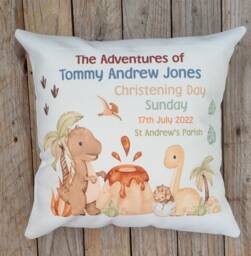 Personalised Dinosaur Cushion. Christening, . Gift For Godchild, Grandson Etc. Nursery Decor - thumbnail 1
