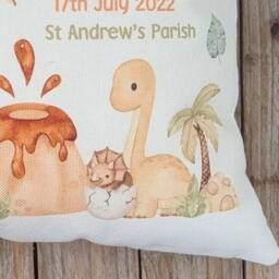 Personalised Dinosaur Cushion. Christening, . Gift For Godchild, Grandson Etc. Nursery Decor - thumbnail 3