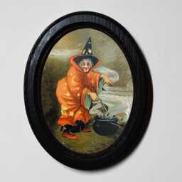 Halloween Black Oval Wooden Framed Picture, 3 X 4 Gothic Print, Witchy Wall Hanging, Cooking Up A Spell - thumbnail 1