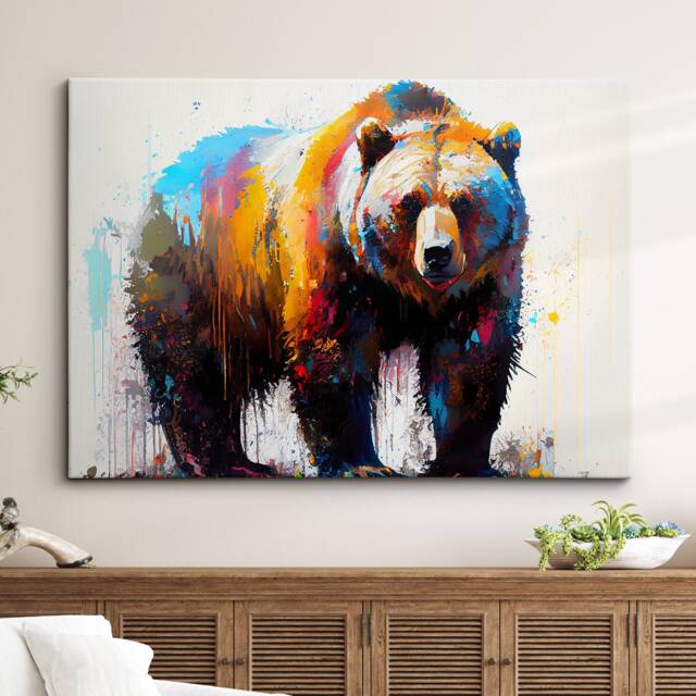 Bear Animal Abstract Oil Painting Splatter Modern Paint Style Wall Art Framed Canvas Poster Print, Home/Office Room Decor Gifts - image 1