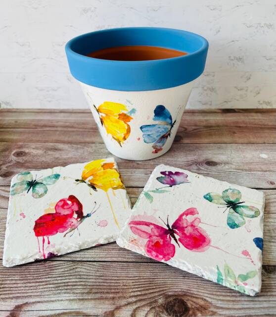 Butterfly Plant Pot & Coaster Set, Flower Pot, Gardener Gifts, Coasters, Garden Lovers, Butterflies - image 1