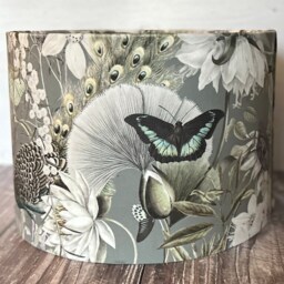Handmade Peacock Velvet Lampshade, Grey Bird & Flower Drum Tropical Wildlife Design - thumbnail 4