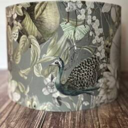 Handmade Peacock Velvet Lampshade, Grey Bird & Flower Drum Tropical Wildlife Design - thumbnail 3