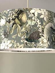 Handmade Peacock Velvet Lampshade, Grey Bird & Flower Drum Tropical Wildlife Design - thumbnail 1