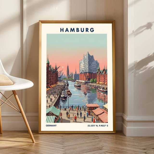 Hamburg Waterfront Sunset Art Print - Pink & Teal, Navy Green Illustration - Vintage Travel, European City Poster Living Room - image 1