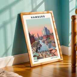 Hamburg Waterfront Sunset Art Print - Pink & Teal, Navy Green Illustration - Vintage Travel, European City Poster Living Room - thumbnail 2