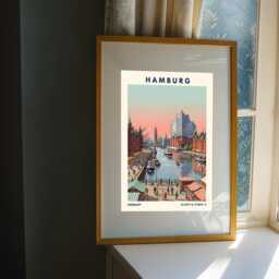 Hamburg Waterfront Sunset Art Print - Pink & Teal, Navy Green Illustration - Vintage Travel, European City Poster Living Room - thumbnail 3