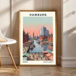 Hamburg Waterfront Sunset Art Print - Pink & Teal, Navy Green Illustration - Vintage Travel, European City Poster Living Room - thumbnail 1