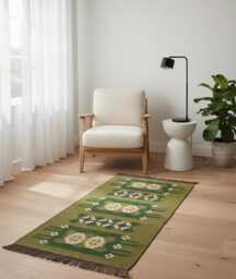 Handwoven Green Swedish Kilim Runner Rug - Boho Farmhouse Wool Flatweave Entryway Mat - thumbnail 1