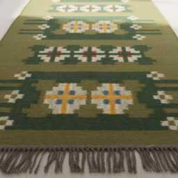 Handwoven Green Swedish Kilim Runner Rug - Boho Farmhouse Wool Flatweave Entryway Mat - thumbnail 2