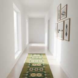 Handwoven Green Swedish Kilim Runner Rug - Boho Farmhouse Wool Flatweave Entryway Mat - thumbnail 4