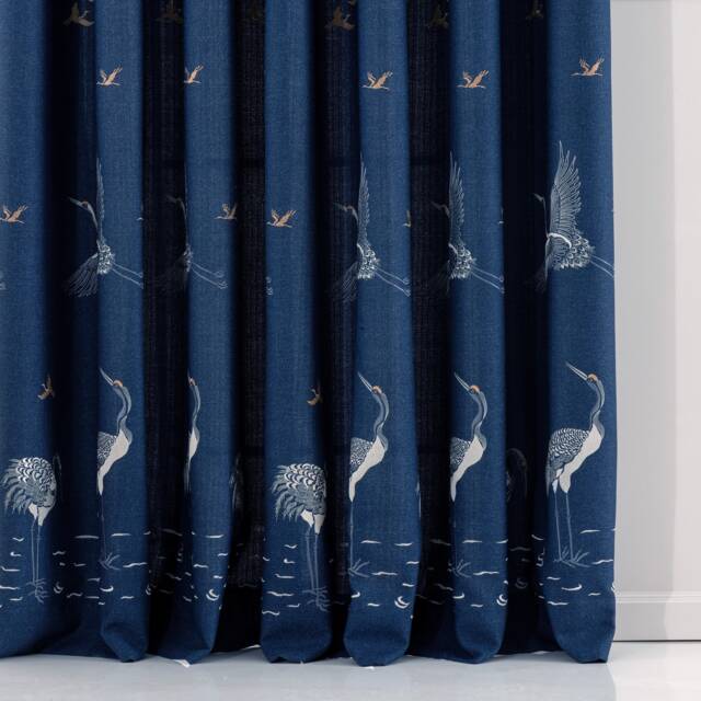 Blue Embroidered Linen Custom Size Curtains 5 Color For Living Room Crane Bird Drapery - image 1