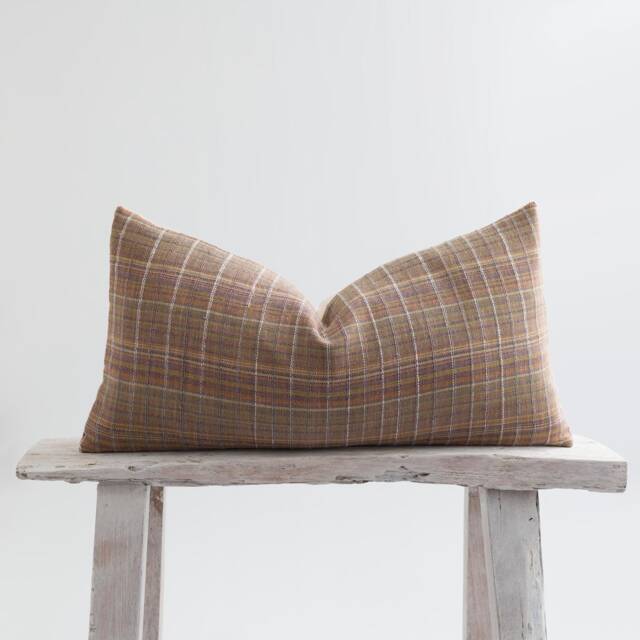 Brown Plaid Lumbar Pillow Cover, Woven Cotton, Bamboo Reverse - image 1