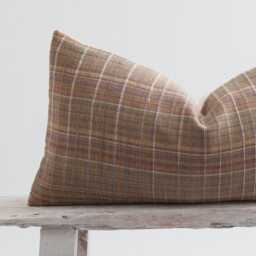 Brown Plaid Lumbar Pillow Cover, Woven Cotton, Bamboo Reverse - thumbnail 2
