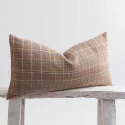Brown Plaid Lumbar Pillow Cover, Woven Cotton, Bamboo Reverse - thumbnail 3