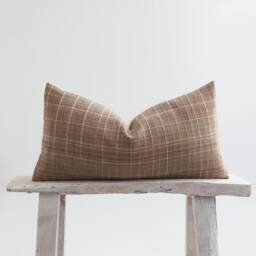 Brown Plaid Lumbar Pillow Cover, Woven Cotton, Bamboo Reverse - thumbnail 1