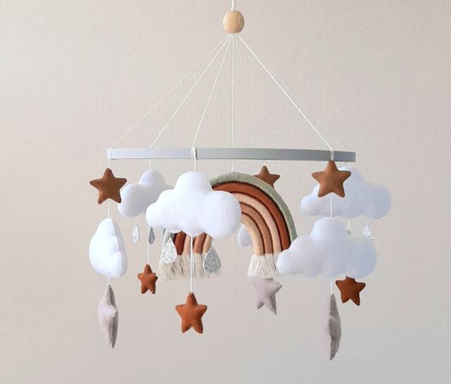 Rainbow Baby Mobile, Baby Bed Decoration, Boho Mobile, Mobile Boy, Felt Hanging Musical Kit Crib Gender Neutral - image 1