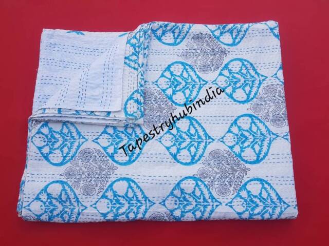 New Floral Print Kantha Block Bed Cover Handmade Bedding Gudari Indian Hand Bedspread Throw Cotton Quilt - image 1