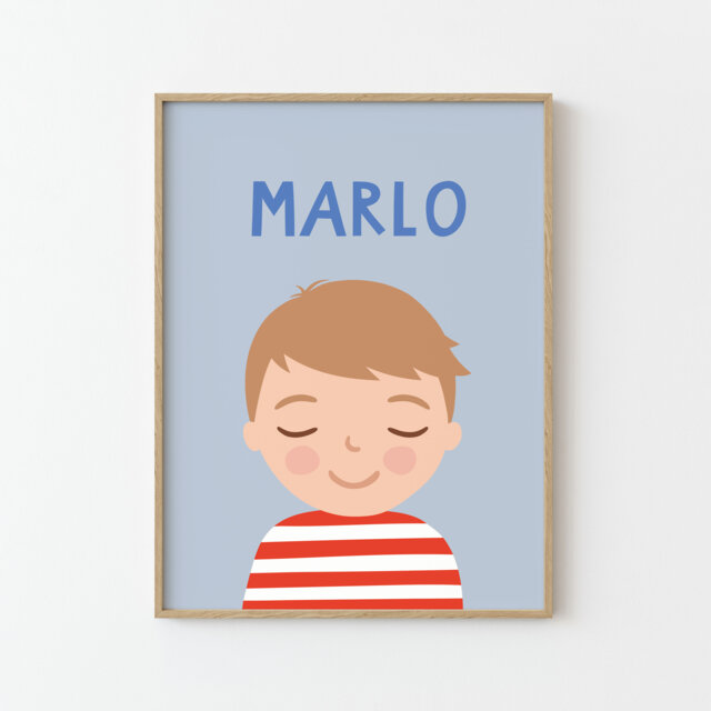 Personalized Boy Portrait - Dark Blonde Hair, Custom Kids Print With Name, Illustrated, Red Blue - image 1
