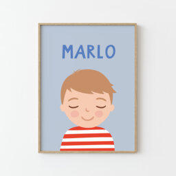 Personalized Boy Portrait - Dark Blonde Hair, Custom Kids Print With Name, Illustrated, Red Blue - thumbnail 1