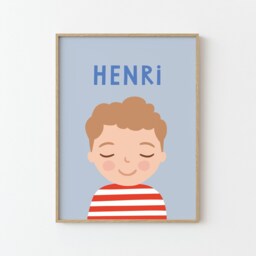 Personalized Boy Portrait - Dark Blonde Hair, Custom Kids Print With Name, Illustrated, Red Blue - thumbnail 2