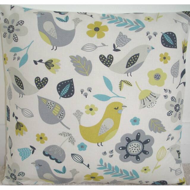 Birds & Flowers 16x16 Pillow Cover Yellow Ochre Gray Duck Egg Grey Bird 16 - image 1