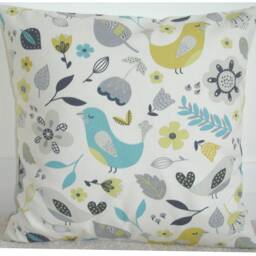 Birds & Flowers 16x16 Pillow Cover Yellow Ochre Gray Duck Egg Grey Bird 16 - thumbnail 2