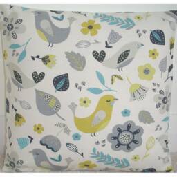 Birds & Flowers 16x16 Pillow Cover Yellow Ochre Gray Duck Egg Grey Bird 16 - thumbnail 1