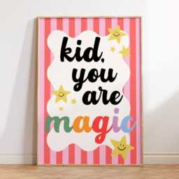 Kid, You Are Magic Print - Children's Bedroom Playroom Nursery Retro Stripe Girls Posters Kids Fun Cute Quotes Pink Orange - thumbnail 2