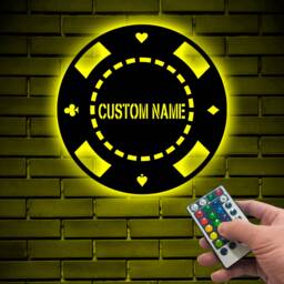 Custom Casino Chips Metal Led Sign, Gambling Dice Wall Art With Light, Personalized Game Zone Hanging Decor, Poker Chip Signs - thumbnail 1
