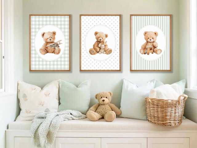Vintage Teddy Bear Prints Sage Green Nursery Wall Decor, Set Of 3 by ...