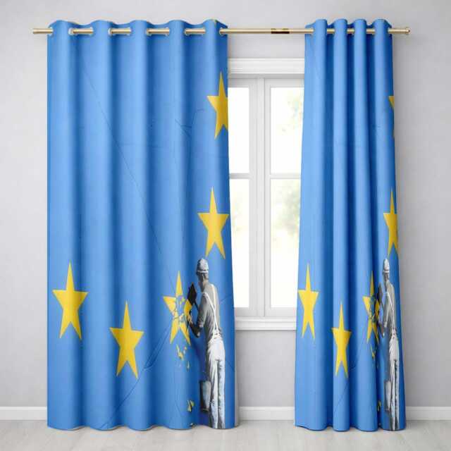Blue Flag Yellow Stars Worker Political Graffiti Contemporary Artistic Home Decor Readymade Eyelet Ring Top Thermal 100% Blackout Curtains - image 1