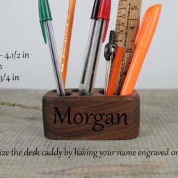 Small Wooden Desk Caddy, Pencil & Pen Holder, Wood Organizer, Walnut Sapele Accessory, Personalized Gift - thumbnail 3